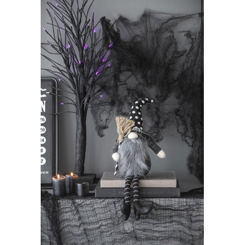 2 Pack Halloween Polka Dot Knit Witch Hat Shelf Sitter Gnome, Plush Stuffed Gnome with Broom Striped Legs for Mantel Table Holiday Home Decor