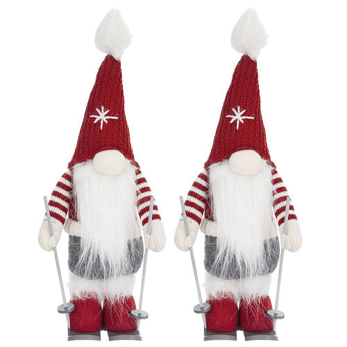 2 Pack Christmas Skiing Standing Plush Gnome, Red Knit Snowflake Pom Pom Hat with Ski Poles Skis for Mantel Holiday Decor