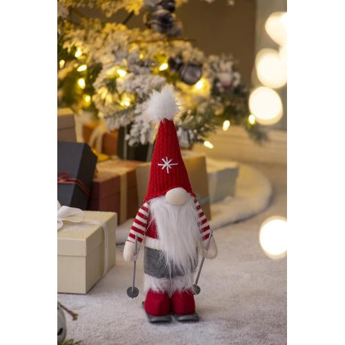2 Pack Christmas Skiing Standing Plush Gnome, Red Knit Snowflake Pom Pom Hat with Ski Poles Skis for Mantel Holiday Decor