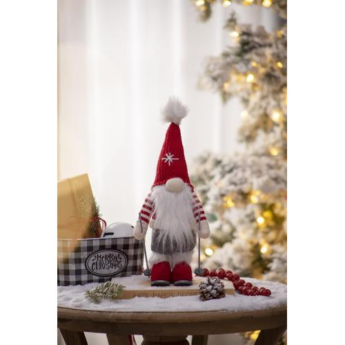 2 Pack Christmas Skiing Standing Plush Gnome, Red Knit Snowflake Pom Pom Hat with Ski Poles Skis for Mantel Holiday Decor