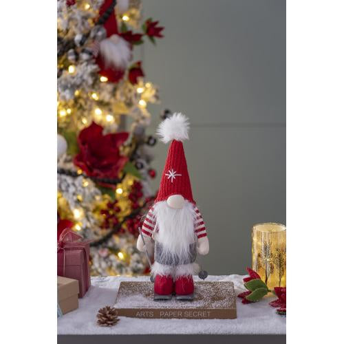 2 Pack Christmas Skiing Standing Plush Gnome, Red Knit Snowflake Pom Pom Hat with Ski Poles Skis for Mantel Holiday Decor