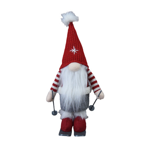 2 Pack Christmas Skiing Standing Plush Gnome, Red Knit Snowflake Pom Pom Hat with Ski Poles Skis for Mantel Holiday Decor