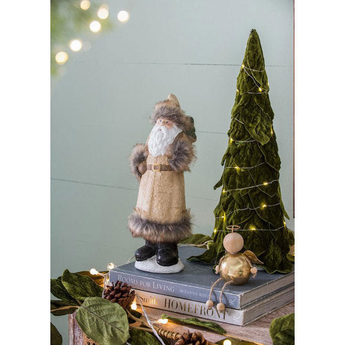 2 Pack Vintage Standing Santa Claus Figurine, Faux Fur Trim Brown Robe Old World Santa for Christmas Mantel Tabletop Holiday Home Decor