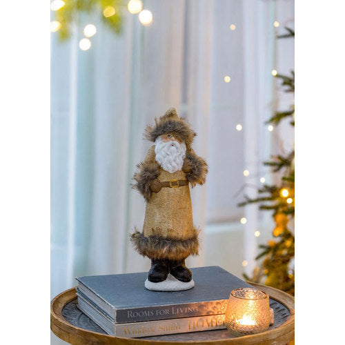 2 Pack Vintage Standing Santa Claus Figurine, Faux Fur Trim Brown Robe Old World Santa for Christmas Mantel Tabletop Holiday Home Decor