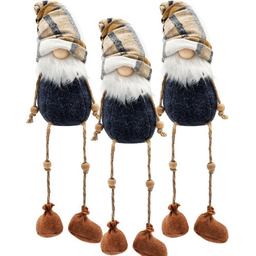 3 Pack Rustic Plaid Hat Shelf Sitter Gnome, Plush Stuffed Gnome with Rope Legs Wooden Beads for Christmas Mantel Tabletop Holiday Home Decor