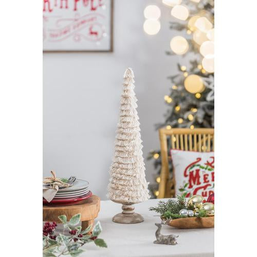 Beige Tiered Fringe Christmas Tree with Distressed Wood Pedestal Base, Boho Fabric Cone Tree for Mantel Tabletop Tiered Tray Holiday Home Decor