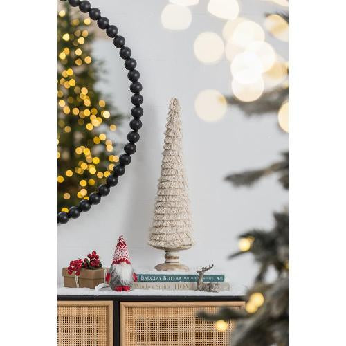 Beige Tiered Fringe Christmas Tree with Distressed Wood Pedestal Base, Boho Fabric Cone Tree for Mantel Tabletop Tiered Tray Holiday Home Decor