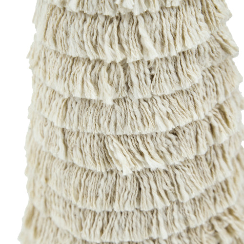 Beige Tiered Fringe Christmas Tree with Distressed Wood Pedestal Base, Boho Fabric Cone Tree for Mantel Tabletop Tiered Tray Holiday Home Decor