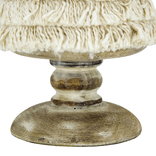 Beige Tiered Fringe Christmas Tree with Distressed Wood Pedestal Base, Boho Fabric Cone Tree for Mantel Tabletop Tiered Tray Holiday Home Decor