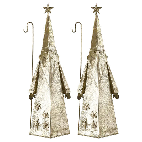 2 Pack Distressed Gold Metal Santa Claus Figurine, Star Topper with Shepherd Hook, Geometric Cone Christmas Decor for Mantel Tabletop Home Holiday