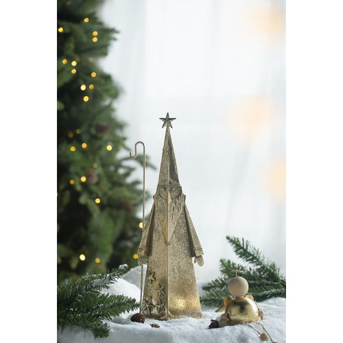 2 Pack Distressed Gold Metal Santa Claus Figurine, Star Topper with Shepherd Hook, Geometric Cone Christmas Decor for Mantel Tabletop Home Holiday