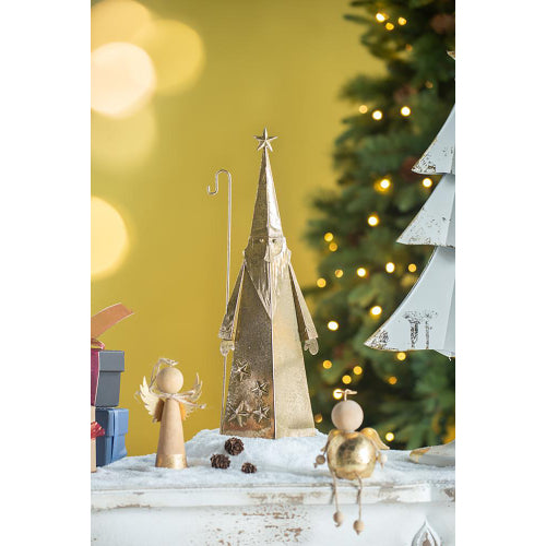 2 Pack Distressed Gold Metal Santa Claus Figurine, Star Topper with Shepherd Hook, Geometric Cone Christmas Decor for Mantel Tabletop Home Holiday