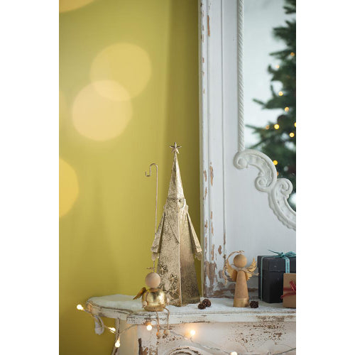 2 Pack Distressed Gold Metal Santa Claus Figurine, Star Topper with Shepherd Hook, Geometric Cone Christmas Decor for Mantel Tabletop Home Holiday