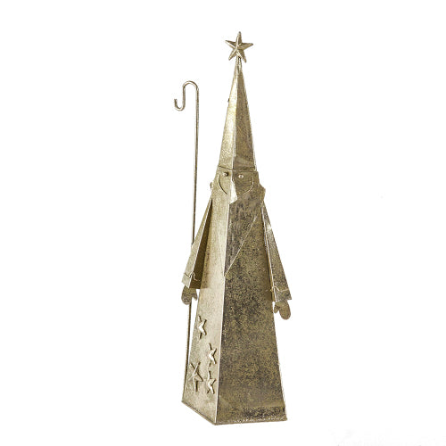 2 Pack Distressed Gold Metal Santa Claus Figurine, Star Topper with Shepherd Hook, Geometric Cone Christmas Decor for Mantel Tabletop Home Holiday