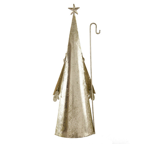 2 Pack Distressed Gold Metal Santa Claus Figurine, Star Topper with Shepherd Hook, Geometric Cone Christmas Decor for Mantel Tabletop Home Holiday