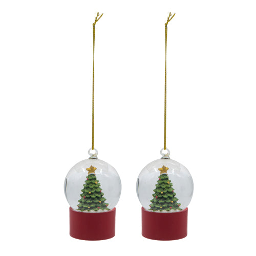 2 Pack Mini Christmas Tree Snow Globe Ornament with Red Base, Hanging Glitter Snow Globe with Gold String for Christmas Tree Mantel Tiered Tray Decor