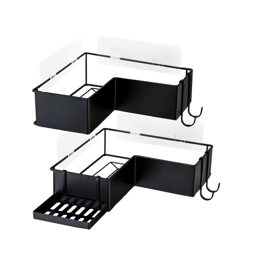 AEELLEEA 2-Pack Adhesive Corner Shower Caddy Set with Soap Holder and 4 Hooks, Black Metal Bathroom Organizer