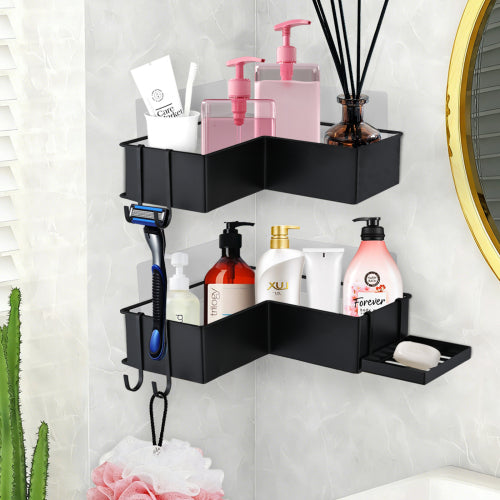 AEELLEEA 2-Pack Adhesive Corner Shower Caddy Set with Soap Holder and 4 Hooks, Black Metal Bathroom Organizer