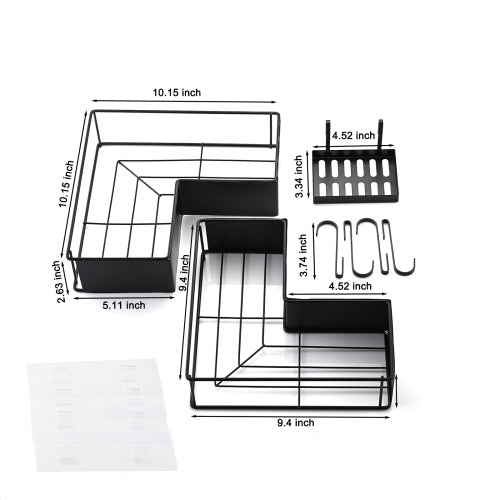 AEELLEEA 2-Pack Adhesive Corner Shower Caddy Set with Soap Holder and 4 Hooks, Black Metal Bathroom Organizer