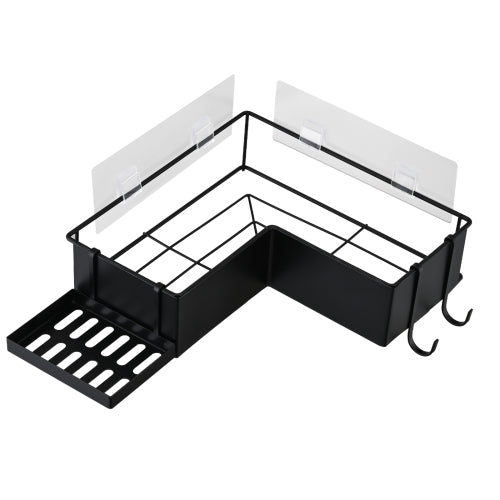 AEELLEEA 2-Pack Adhesive Corner Shower Caddy Set with Soap Holder and 4 Hooks, Black Metal Bathroom Organizer