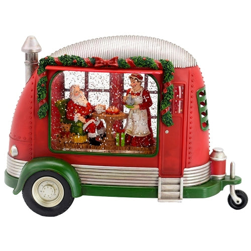 AEELLEEA Christmas Camper Snow Globe with Santa and Mrs. Claus, Red and Green Seasonal Tabletop Holiday Decor