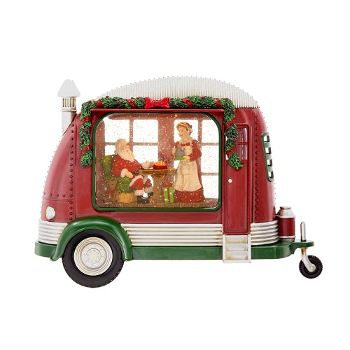 AEELLEEA Christmas Camper Snow Globe with Santa and Mrs. Claus, Red and Green Seasonal Tabletop Holiday Decor
