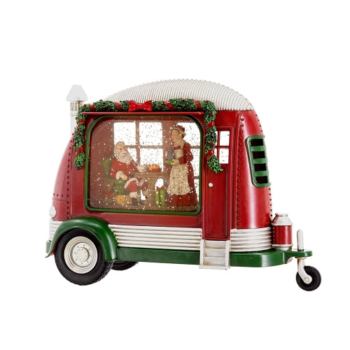 AEELLEEA Christmas Camper Snow Globe with Santa and Mrs. Claus, Red and Green Seasonal Tabletop Holiday Decor