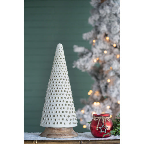 AEELLEEA Ivory Cone Christmas Tree Figurine with Metallic Dot Accents and Wood-Look Base, Tabletop Decor