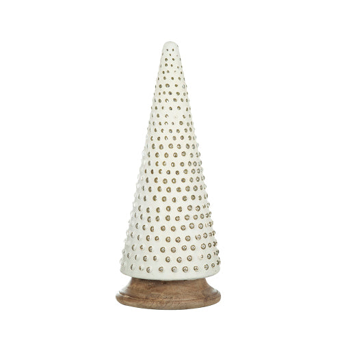 AEELLEEA Ivory Cone Christmas Tree Figurine with Metallic Dot Accents and Wood-Look Base, Tabletop Decor