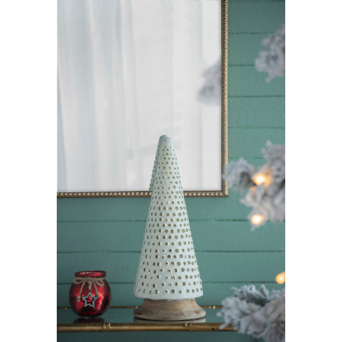 AEELLEEA Ivory Cone Christmas Tree Figurine with Metallic Dot Accents and Wood-Look Base, Tabletop Decor