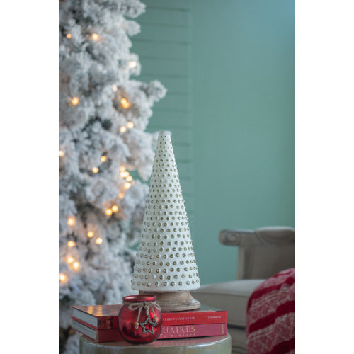 AEELLEEA Ivory Cone Christmas Tree Figurine with Metallic Dot Accents and Wood-Look Base, Tabletop Decor
