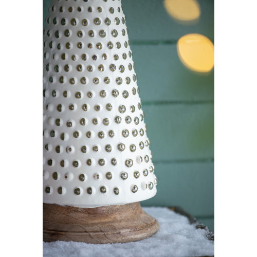 AEELLEEA Ivory Cone Christmas Tree Figurine with Metallic Dot Accents and Wood-Look Base, Tabletop Decor