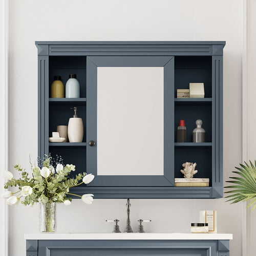 AEELLEEA 35 in Blue Wall-Mounted Bathroom Medicine Cabinet with Mirror Door, Adjustable Shelves and Open Storage