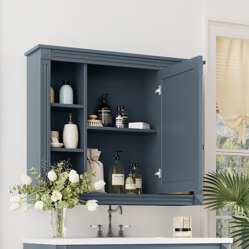AEELLEEA 35 in Blue Wall-Mounted Bathroom Medicine Cabinet with Mirror Door, Adjustable Shelves and Open Storage