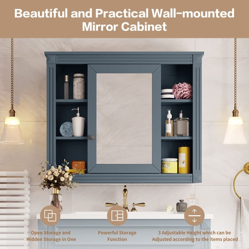 AEELLEEA 35 in Blue Wall-Mounted Bathroom Medicine Cabinet with Mirror Door, Adjustable Shelves and Open Storage