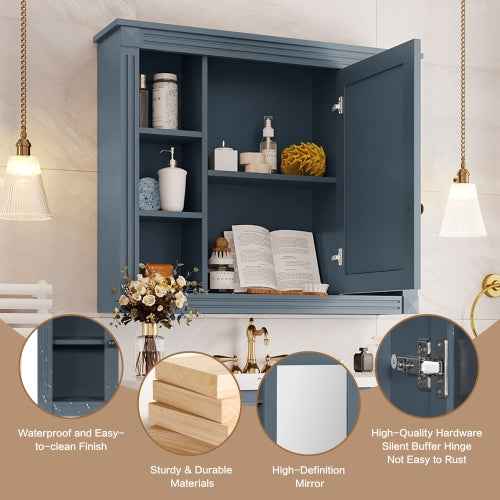 AEELLEEA 35 in Blue Wall-Mounted Bathroom Medicine Cabinet with Mirror Door, Adjustable Shelves and Open Storage