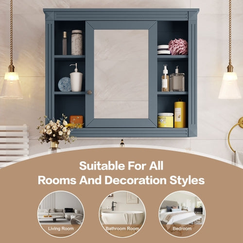 AEELLEEA 35 in Blue Wall-Mounted Bathroom Medicine Cabinet with Mirror Door, Adjustable Shelves and Open Storage