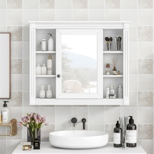 AEELLEEA 35 in White Wall-Mounted Bathroom Medicine Cabinet with Mirror Door, Interior Shelves and Open Storage