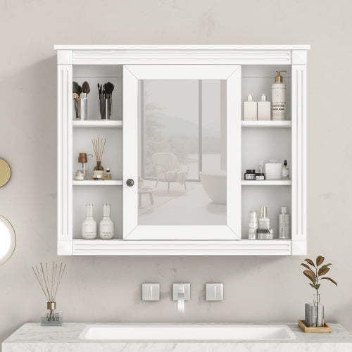 AEELLEEA 35 in White Wall-Mounted Bathroom Medicine Cabinet with Mirror Door, Interior Shelves and Open Storage