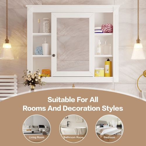 AEELLEEA 35 in White Wall-Mounted Bathroom Medicine Cabinet with Mirror Door, Interior Shelves and Open Storage