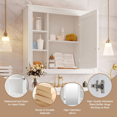 AEELLEEA 35 in White Wall-Mounted Bathroom Medicine Cabinet with Mirror Door, Interior Shelves and Open Storage