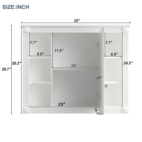 AEELLEEA 35 in White Wall-Mounted Bathroom Medicine Cabinet with Mirror Door, Interior Shelves and Open Storage