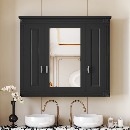 35" Black Wall Mounted Bathroom Mirror Cabinet with 3 Doors, Adjustable Shelves Soft Close Hinges Over Toilet Storage Organizer for Bathroom