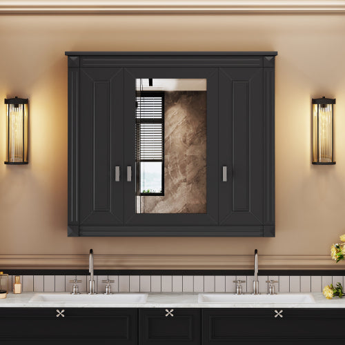 35" Black Wall Mounted Bathroom Mirror Cabinet with 3 Doors, Adjustable Shelves Soft Close Hinges Over Toilet Storage Organizer for Bathroom