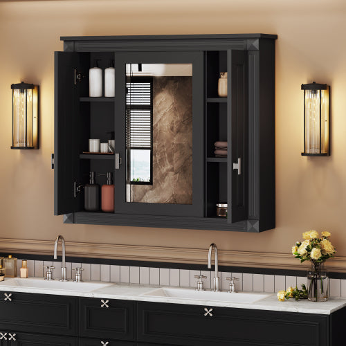 35" Black Wall Mounted Bathroom Mirror Cabinet with 3 Doors, Adjustable Shelves Soft Close Hinges Over Toilet Storage Organizer for Bathroom