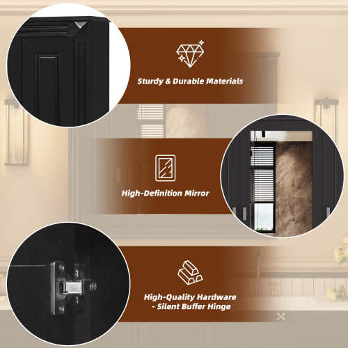 35" Black Wall Mounted Bathroom Mirror Cabinet with 3 Doors, Adjustable Shelves Soft Close Hinges Over Toilet Storage Organizer for Bathroom