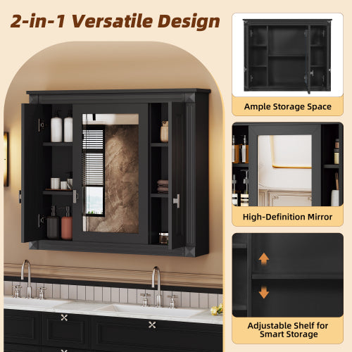 35" Black Wall Mounted Bathroom Mirror Cabinet with 3 Doors, Adjustable Shelves Soft Close Hinges Over Toilet Storage Organizer for Bathroom