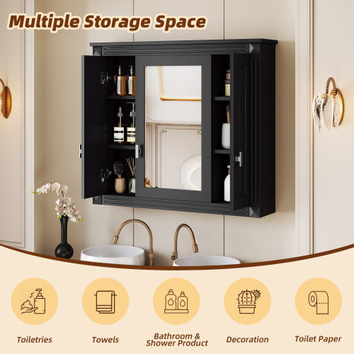 35" Black Wall Mounted Bathroom Mirror Cabinet with 3 Doors, Adjustable Shelves Soft Close Hinges Over Toilet Storage Organizer for Bathroom
