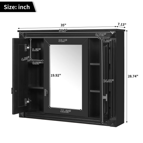 35" Black Wall Mounted Bathroom Mirror Cabinet with 3 Doors, Adjustable Shelves Soft Close Hinges Over Toilet Storage Organizer for Bathroom