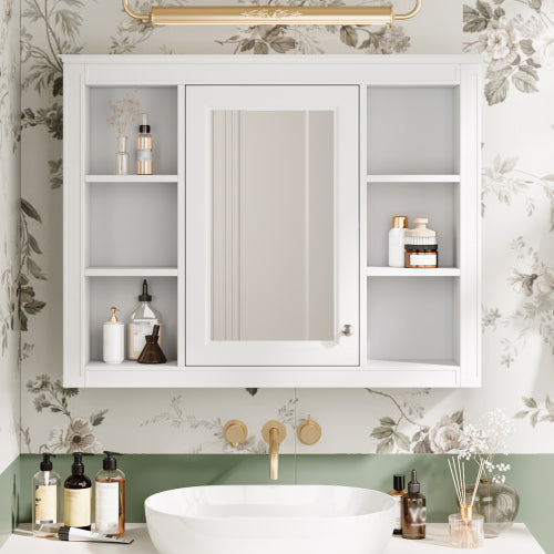 AEELLEEA 35" White Wall Mounted Bathroom Mirror Cabinet with Open Side Shelves, Adjustable Shelf Soft Close Hinges Over Toilet Storage